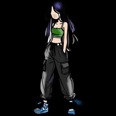 girl in baggy pants crop top and long hair