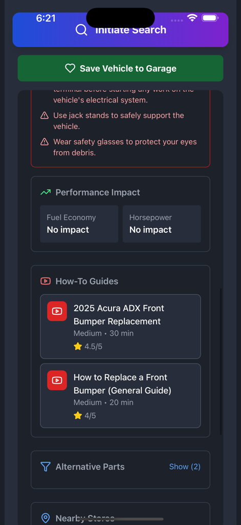 PartSpotter app screen showing automotive how-to guides for bumper replacement and safety instructions