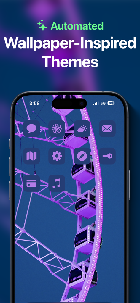 Iconic - App Icon Changer - An iPhone displaying custom purple app icons that match a ferris wheel wallpaper using the Iconic app.