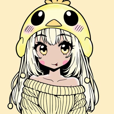 anime girl with chick shaped hat with sweater with bare shoulders with bangs covering them one eye with low tail