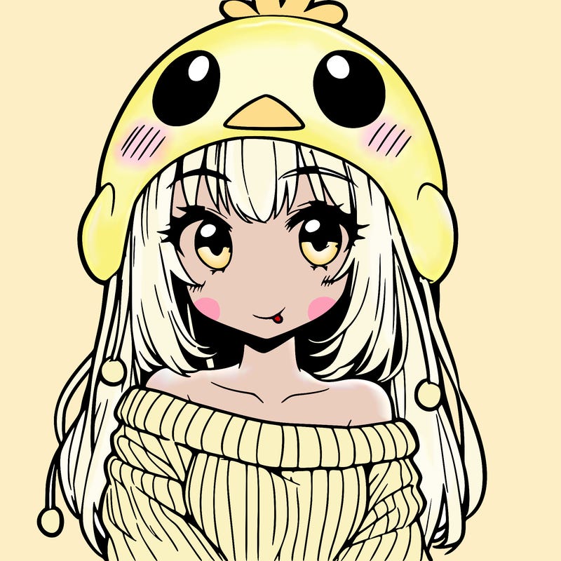 anime girl with chick shaped hat with sweater with bare shoulders with bangs covering them one eye with low tail