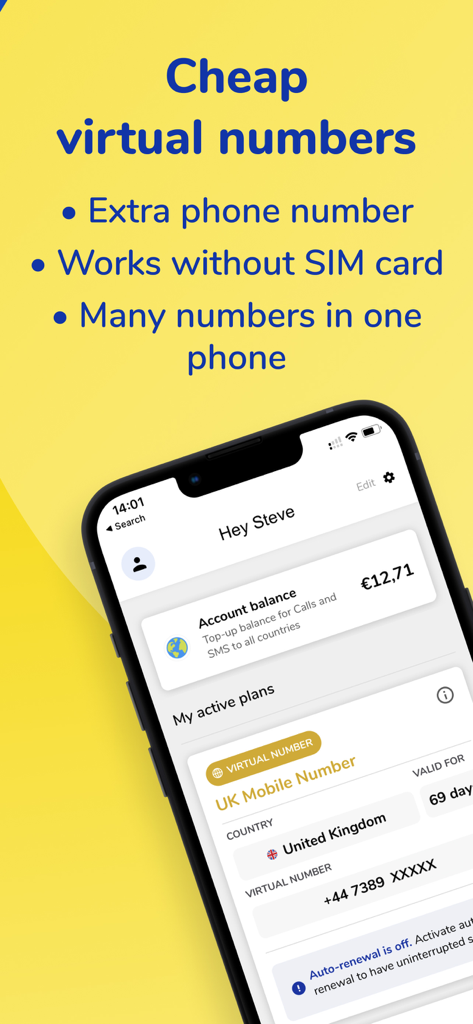 MoreMins: Temp Number & Calls - MoreMins mobile app interface showing a virtual UK mobile number plan and account balance