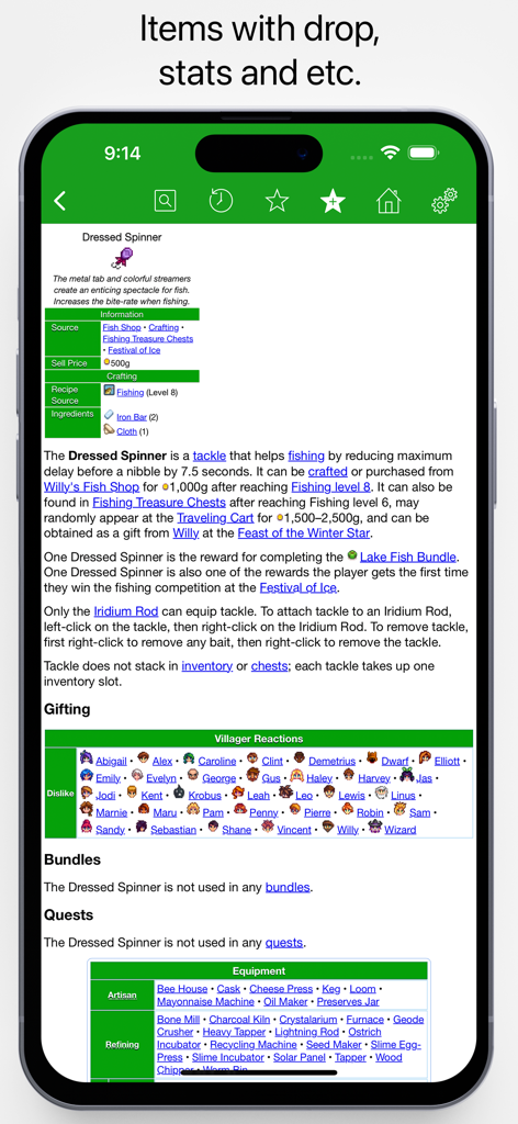 Database for Stardew Valley - Detailed item information page for the Dressed Spinner in the Stardew Valley database app