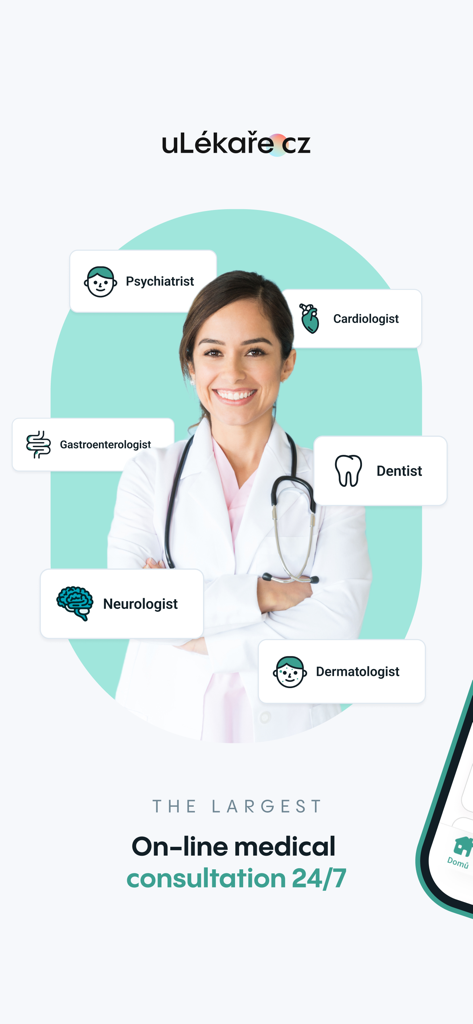 uLékaře.cz - uLekare app interface showing online medical consultation options with various medical specialists available 24 7