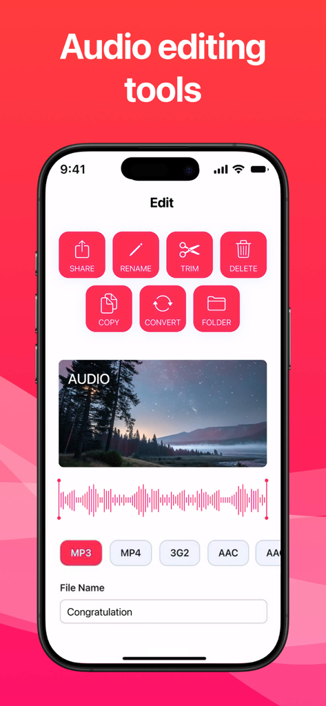 Audio Converter: Video to MP3ㅤ - Audio editing interface on an iPhone showing tools for trimming and converting video to MP3
