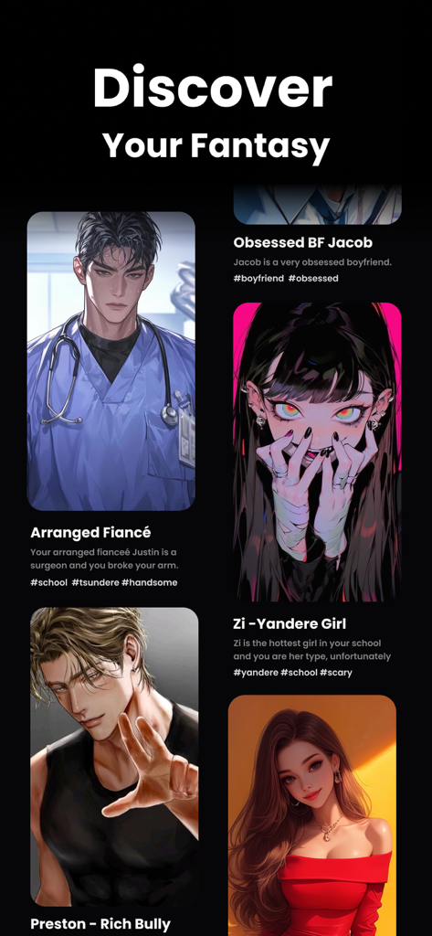 Screenshot of Soulplay app showing a selection of anime style AI characters for interactive romance roleplay