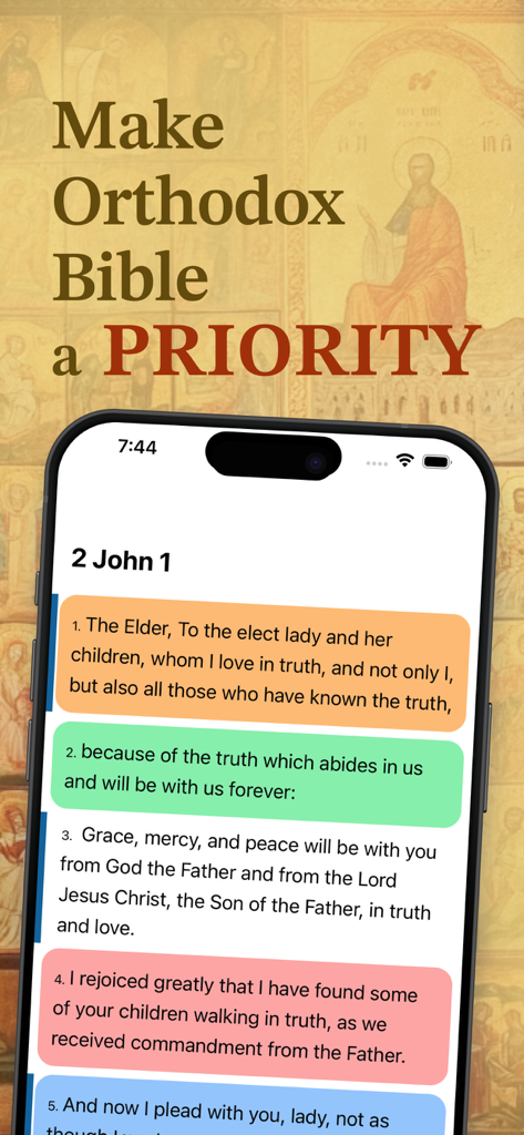Eastern Orthodox Study Bible - iPhone screen of the Eastern Orthodox Study Bible app showing colorful highlighted scripture verses from 2 John 1.