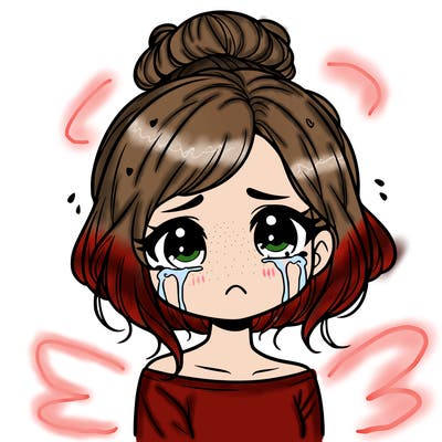 a beautiful crying girl with short hair in a tiny messy bun and looks emotionless