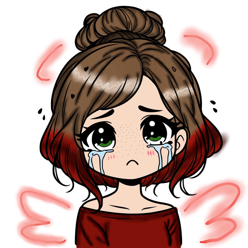 a beautiful crying girl with short hair in a tiny messy bun and looks emotionless