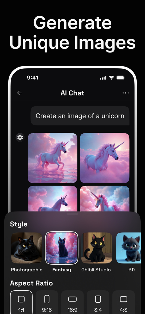 DeepChat - AI Chat Assistant - Interface de l'application DeepChat montrant la génération d'images par IA d'une licorne avec différents styles et ratios d'aspect