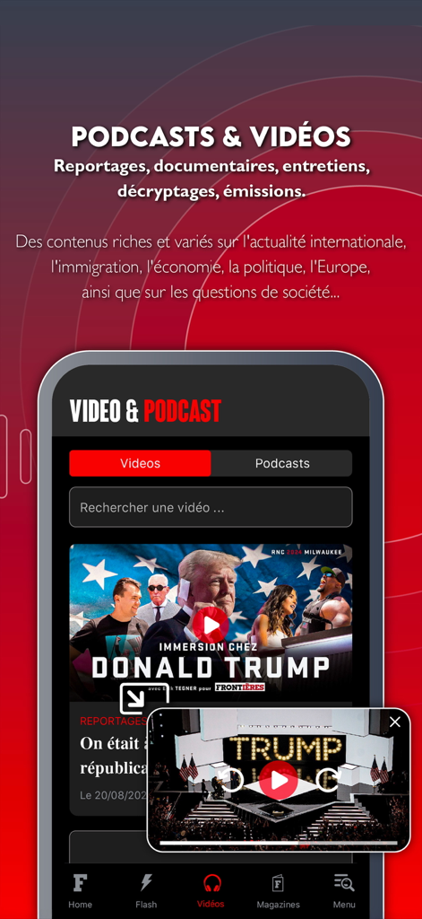 Frontières Média - Frontières Média news app interface showing video and podcast section with Donald Trump report