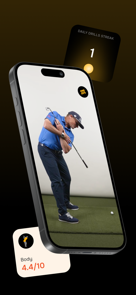 Mustard Golf mobile app interface showing a golfer's swing analysis with a body score and daily drill streak