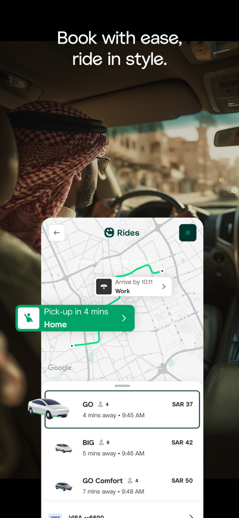 Careem app ride booking screen showing car options and map route