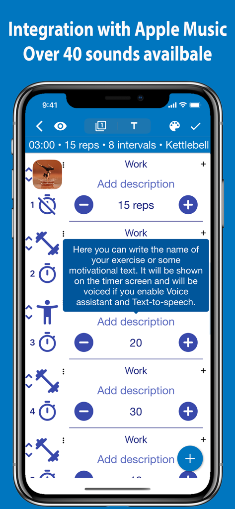 Tabata Timerアプリのインターフェースにおける、カスタマイズ可能なワークアウトインターバル設定と音楽連携。