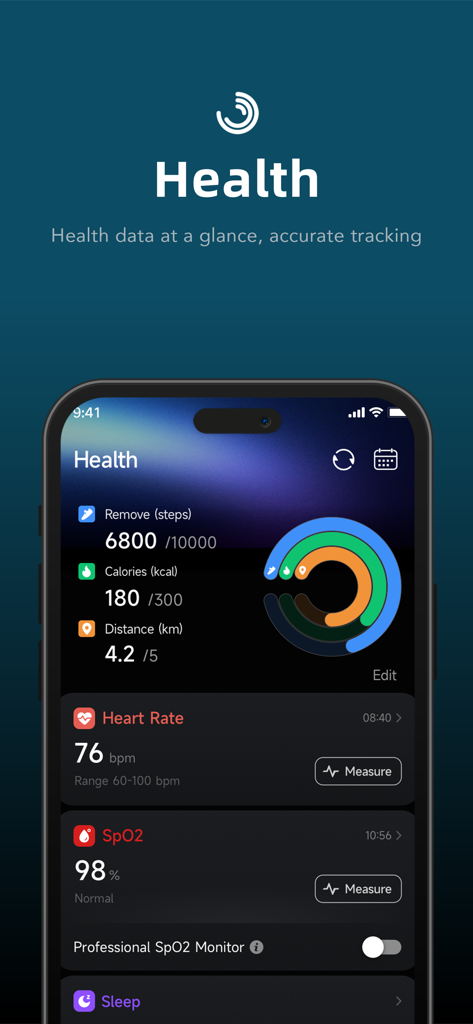 JCVital - JCVital mobile app dashboard showing activity rings heart rate and spo2 levels