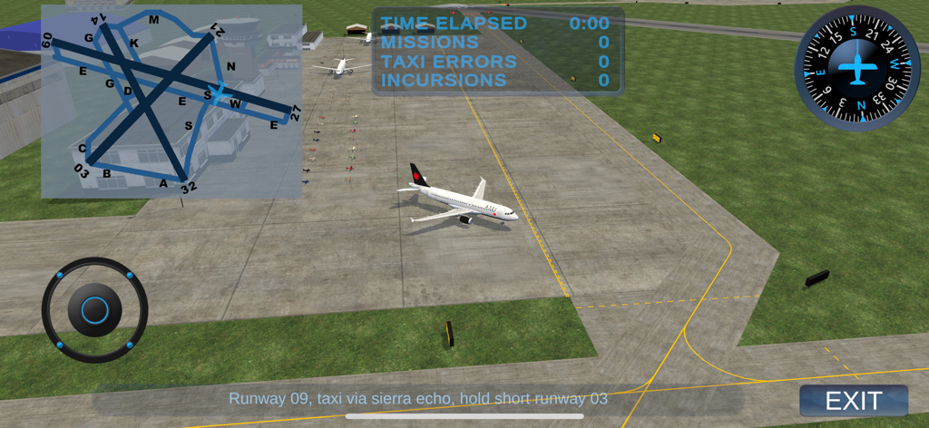 Taxiway Madness - A pilot training simulation showing an aircraft on an airport taxiway with a navigation map and flight instructions.