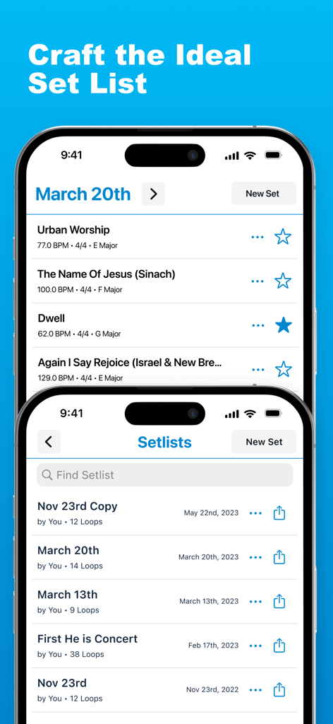 Interfaccia utente che mostra la creazione e la gestione della setlist nell'app LiveTrackz con dettagli delle canzoni come BPM e tonalità musicali.