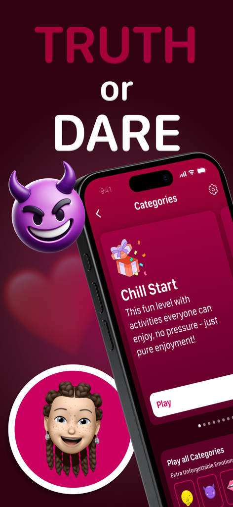 Spicy Truth or Dare 18 Game - Spicy Truth or Dare mobile app interface showing the Chill Start game category