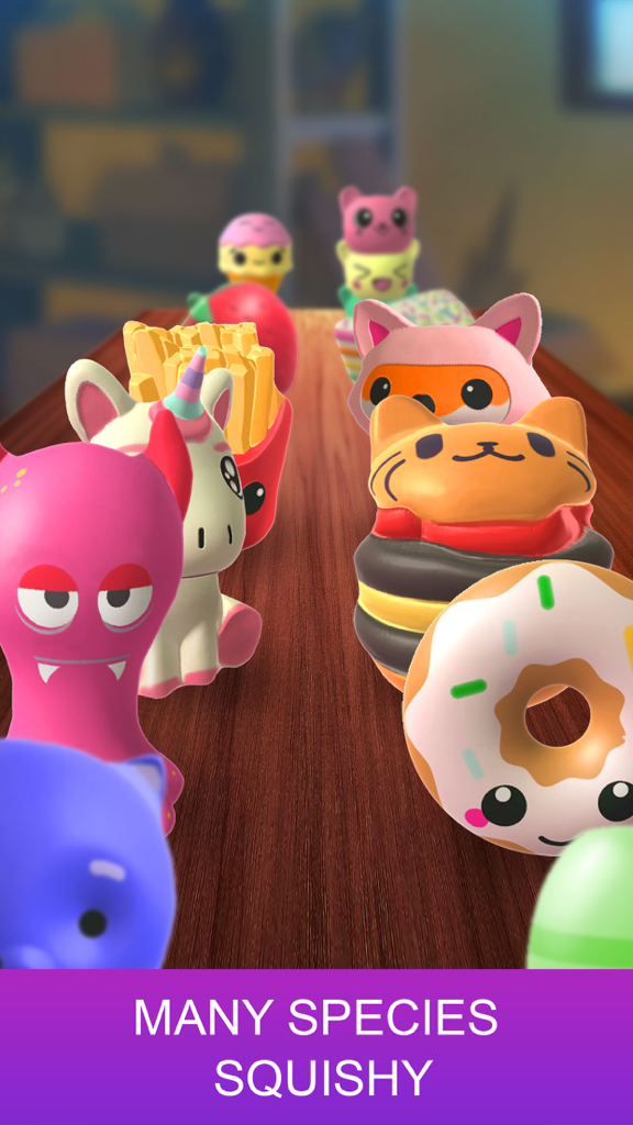 Make Super Squishy - Simulator - A row of colorful 3D squishy toys including a donut, cat, and unicorn on a wooden surface.