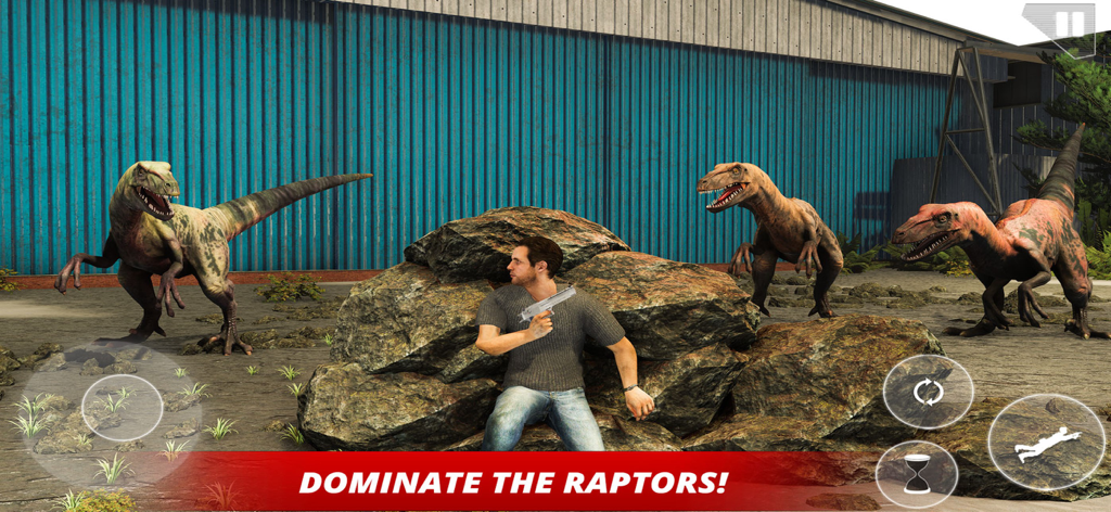 Dinosaur Hunting Jurassic Zone - A hunter taking cover from three raptors in a dinosaur hunting game screenshot