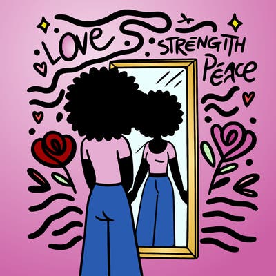 thinking with diversity in mind, a person standing in front of a mirror, with words like "love," "strength," and "peace" floating around them, with gentle waves of energy emanating from the words.
