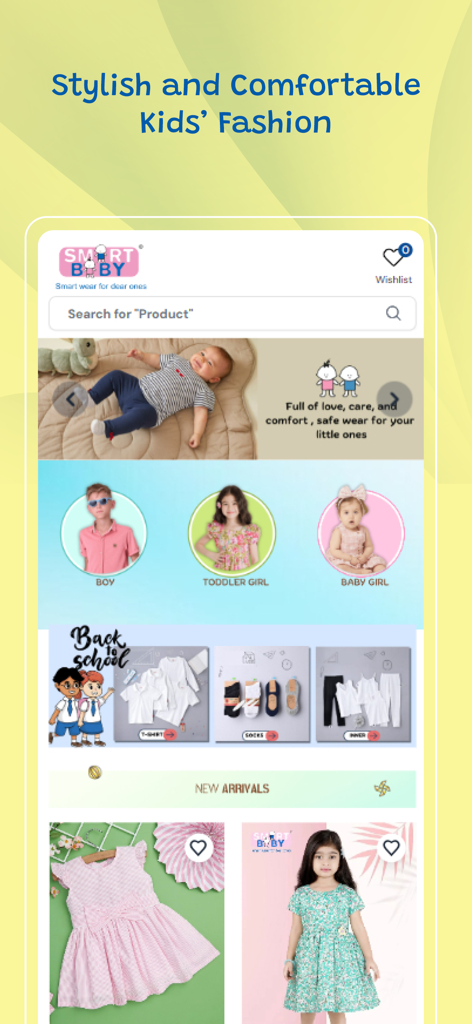 Écran d'accueil de l'application mobile SmartBabyUAE présentant la mode et les accessoires pour enfants