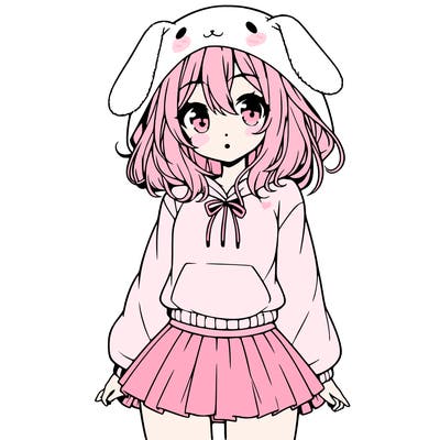 pretty anime girl wearing a fluffy hoodie with bunny ears on the hood and a skirt