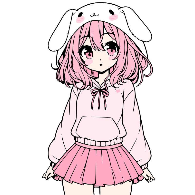 pretty anime girl wearing a fluffy hoodie with bunny ears on the hood and a skirt