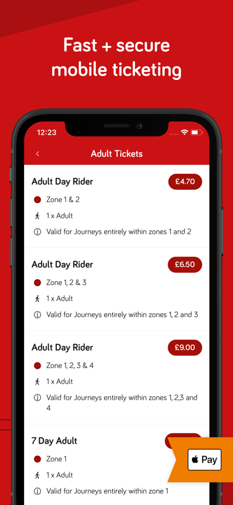 Plymouthbus - Plymouthbus app screen showing adult day rider tickets with prices and Apple Pay logo