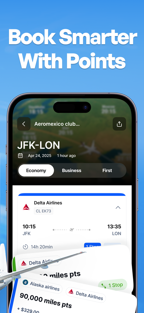 Flightpoints - Award Flights - The Flightpoints app displaying award flight search results for a trip from JFK to London using airline miles and points