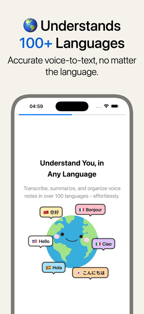 Melonote:AI Voice to Text Note - Melonoteアプリのスクリーンショット。100以上の言語に対応するAIボイス・トゥ・テキストのサポートを強調しています。