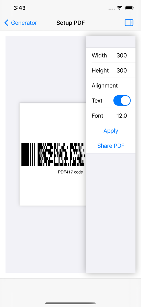 PDF417 DECO - PDFを共有する前に、PDF417バーコードの寸法とフォント設定を構成するためのインターフェース