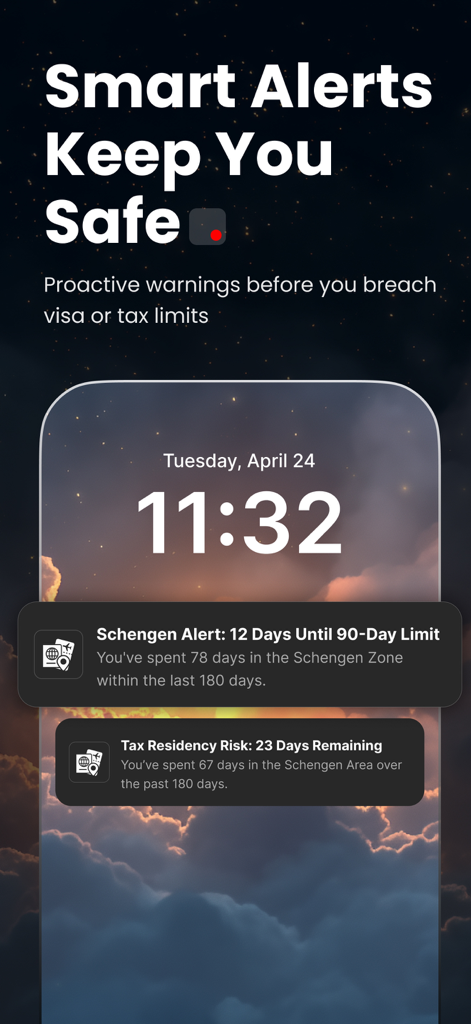 Country Days Tracker: Staydays - Staydays app lock screen notifications for visa limits and tax residency risk