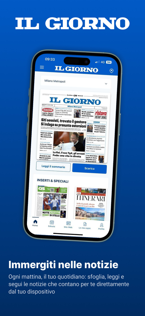 IL GIORNO - Die Benutzeroberfläche der IL GIORNO App zeigt die Mailänder Tageszeitung auf einem Smartphone.