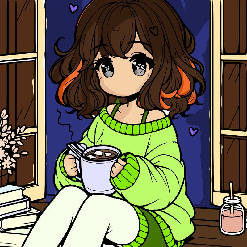 cute anime girl reading book and drinking hot chocolate from mug with loose wavy hair wearing a baggy sweatshirt and shorts sitting by windowsill looking out
