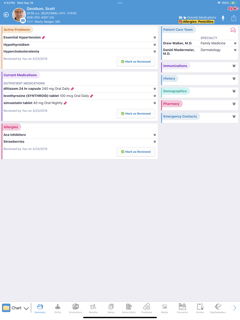 Epic Canto - Epic Canto iPad app displaying a patient health summary including medications and allergies