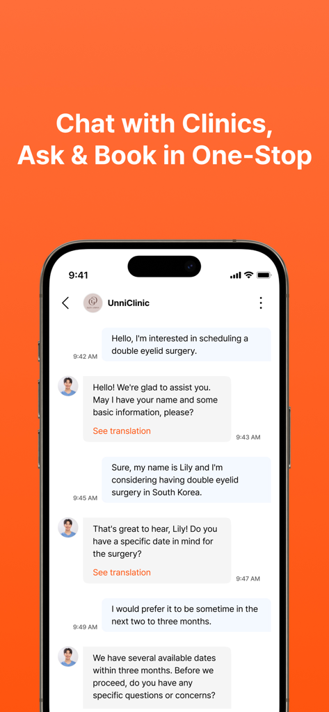 Mobile app interface showing a live chat conversation between a user and a Korean plastic surgery clinic for booking a procedure.