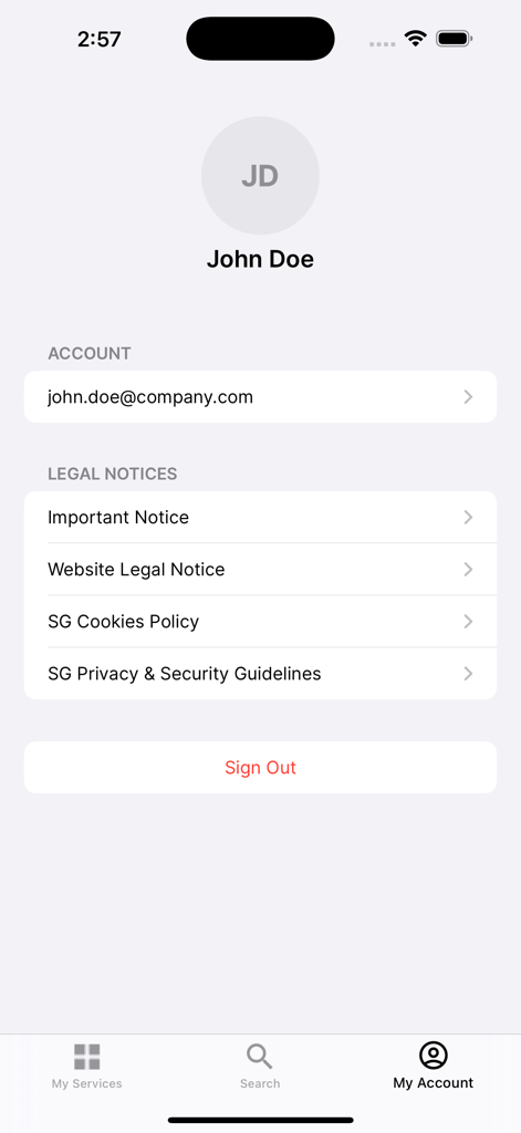 SG Markets - Account profile screen of the SG Markets mobile app showing user details and legal notices