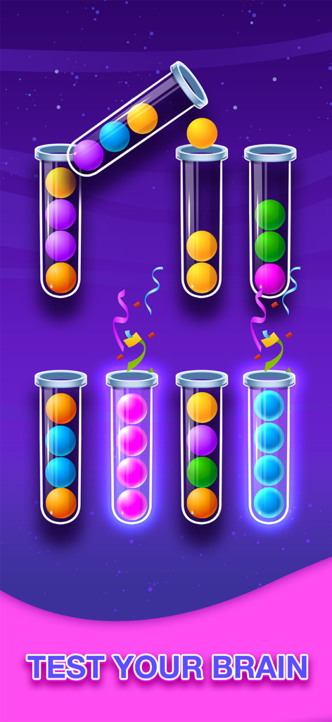 A gameplay screenshot of Sort Puzzle Fun Ball showing colorful balls in glass tubes with the caption Test Your Brain.
