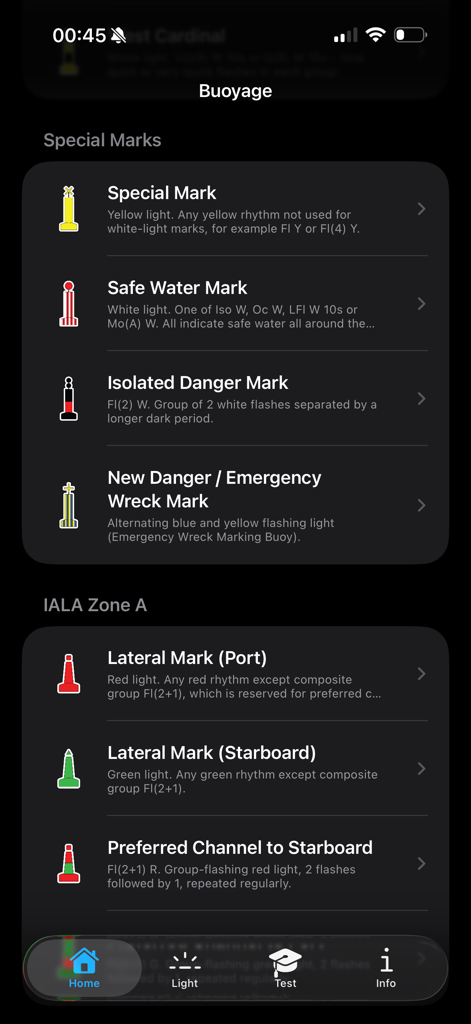 Maritime Master – IALA Buoyage - A list of IALA maritime buoyage marks and their light characteristics on a dark background