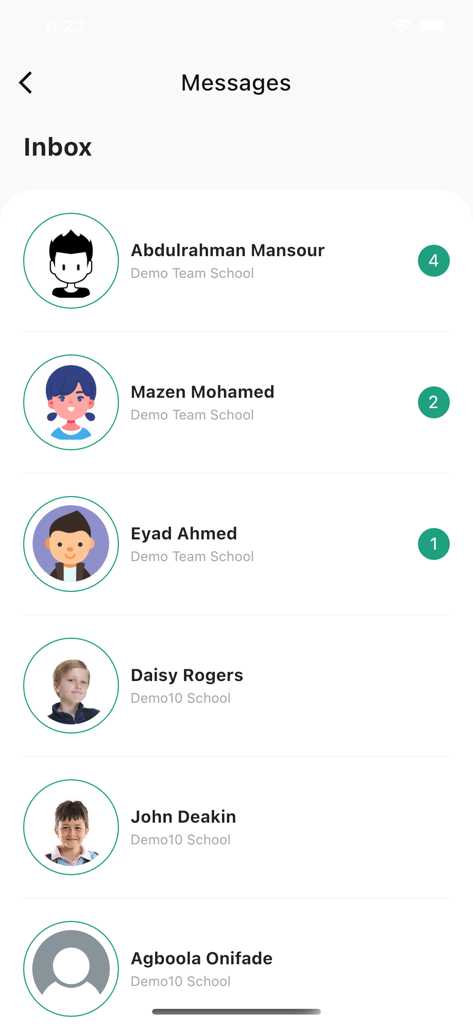 DirectSchool - Mobile app interface of DirectSchool messages inbox with parent teacher communication list and unread alerts