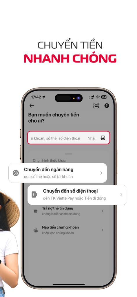 Viettel Money app screen showing money transfer options to banks and phone numbers in Vietnamese