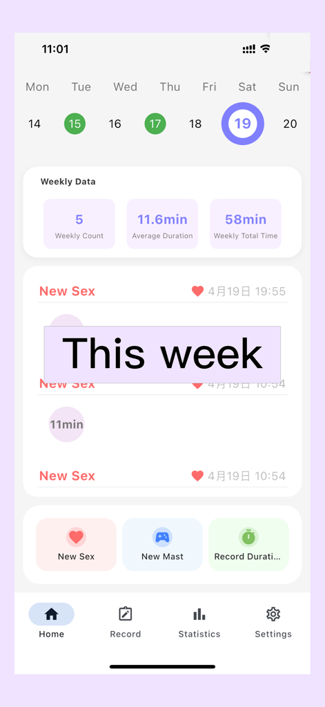 Sexual Calendar - Interfaz de la aplicación Calendario Sexual que muestra estadísticas semanales de recuento de actividad y duración promedio