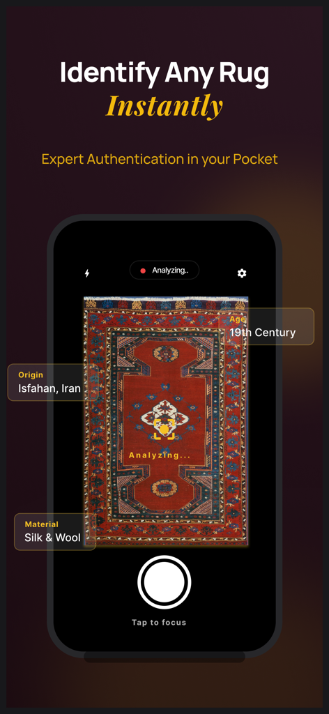 Rug Identifier - Rug Identifier app interface scanning an antique carpet to show its origin age and material details