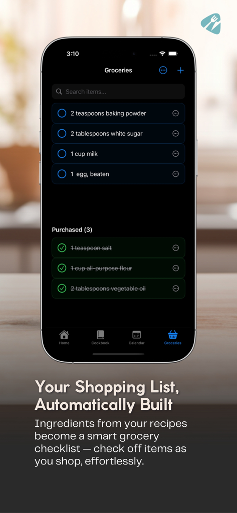 TasteLoop - TasteLoop app showing an automated grocery shopping list with a dark theme on an iPhone screen.