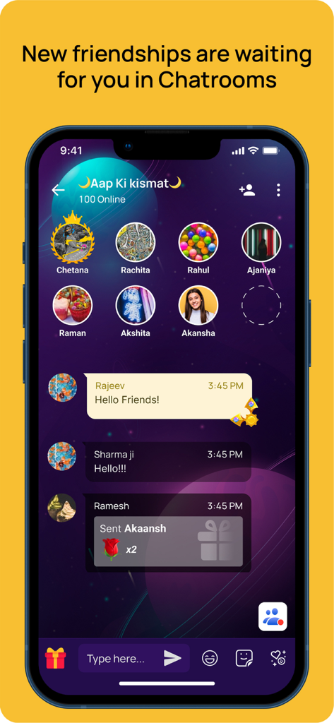 Screenshot of the ShareChat app featuring a lively Indian community chatroom with user profiles and text messages