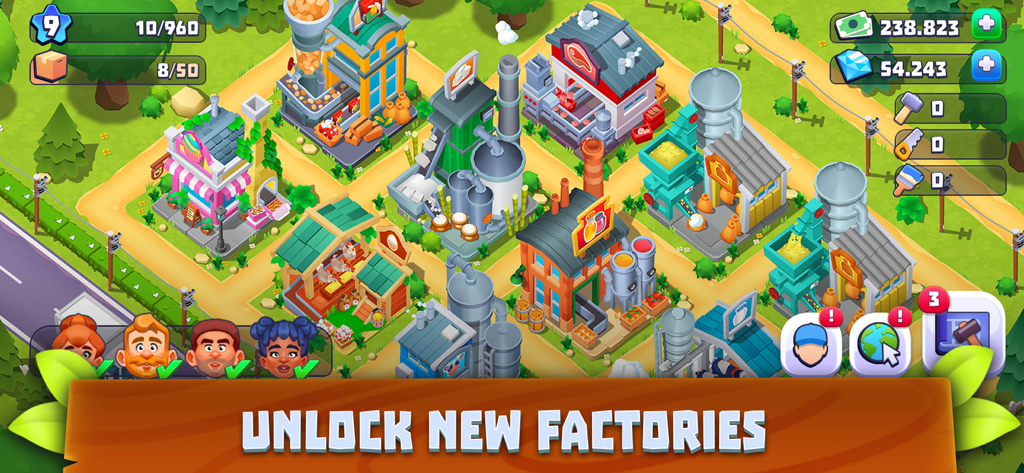 Supermarket Village—Farm Town - A vibrant isometric gameplay screen showing a colorful village with various food production factories and a banner to unlock new buildings