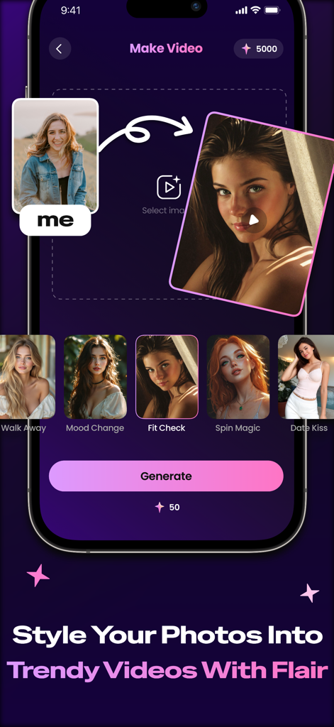 Interfaz de la aplicación Look Alive mostrando varias opciones de estilos de vídeo IA y un botón de generar para convertir fotos en vídeos.
