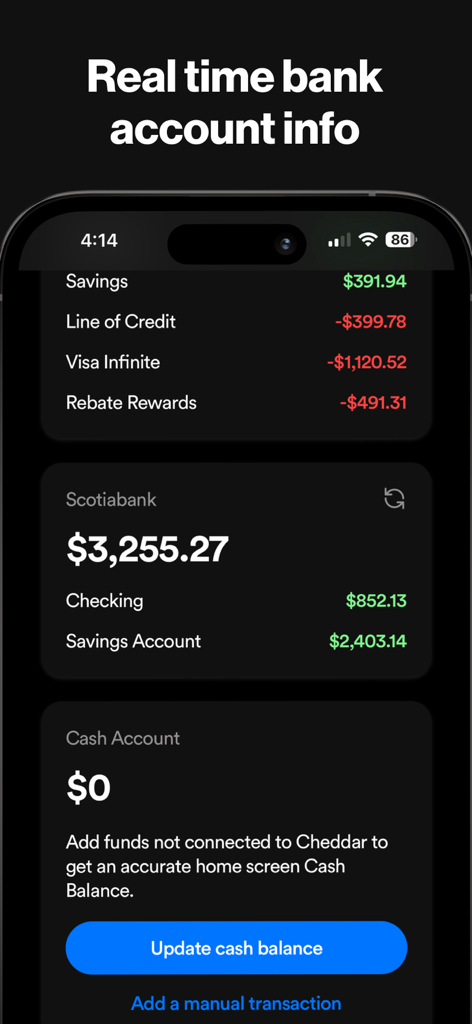 Screenshot of the Cheddar app showing synchronized bank account balances and cash tracking interface.