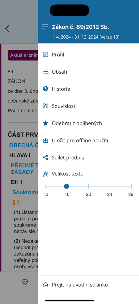Zákony pro lidi - Zakony pro lidiアプリのインターフェース。法律文書と、オフライン保存や文字サイズ調整などのオプションを備えたサイドメニューを表示。